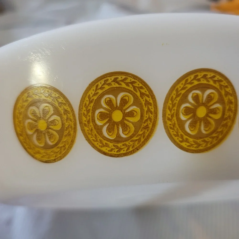 Vintage Glasbake Divided Serving Dish Golden Flower‎ Pattern Milk Glass